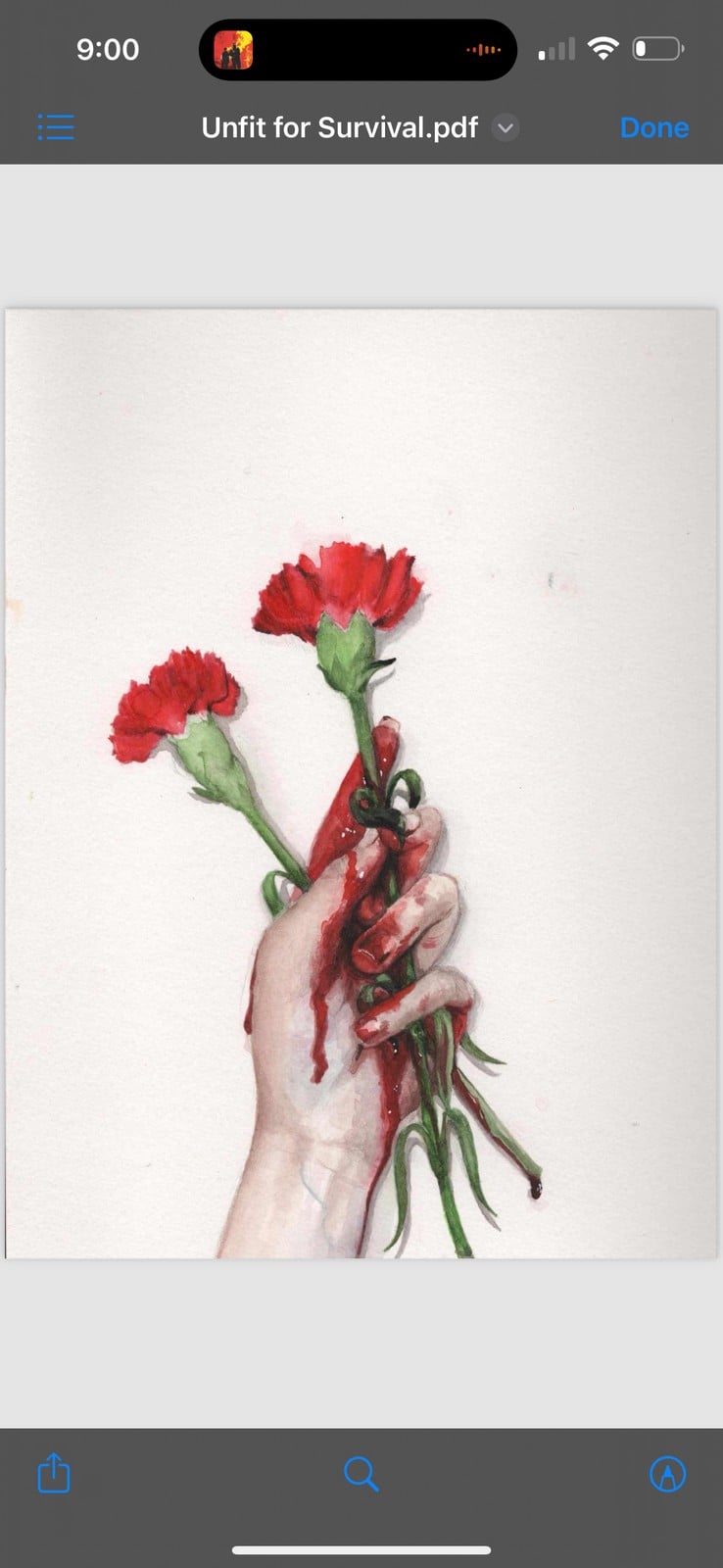 Watercolor painting depicting a red carnation held by bloodied hands