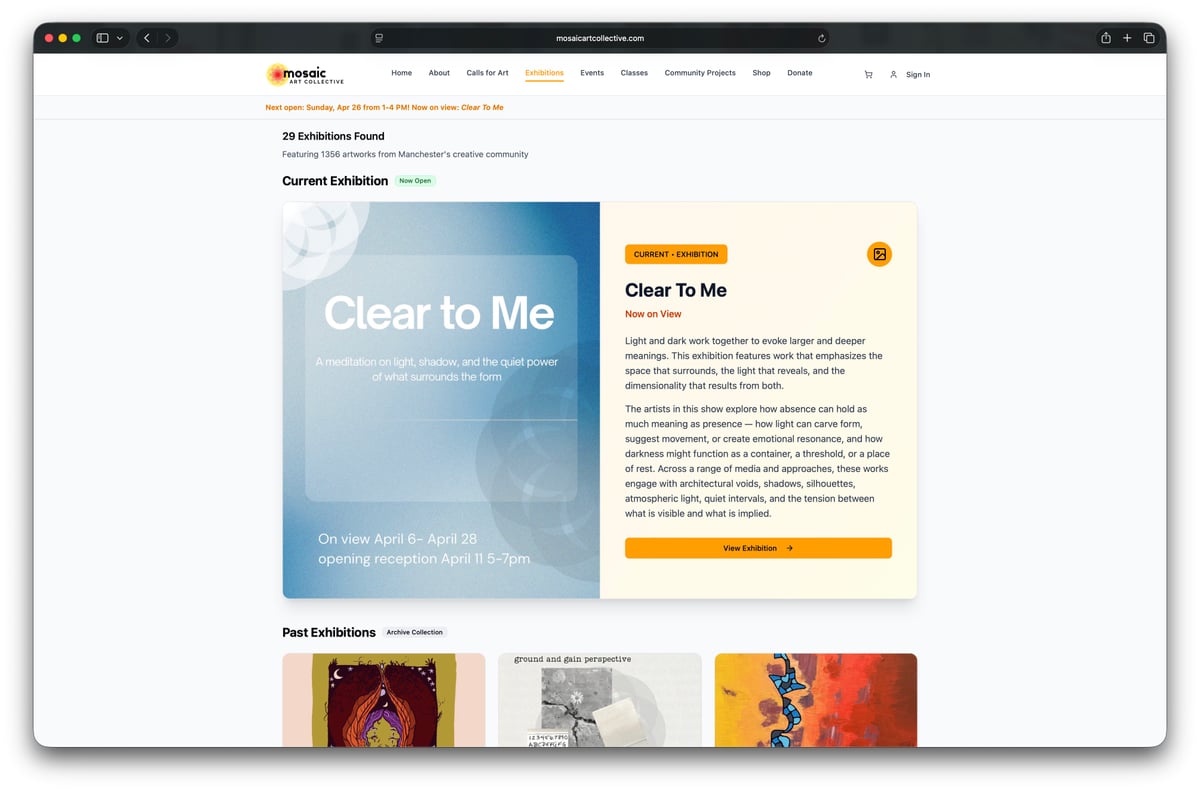 Mosaic Art Collective exhibitions page showing the current 'Clear to Me' exhibition