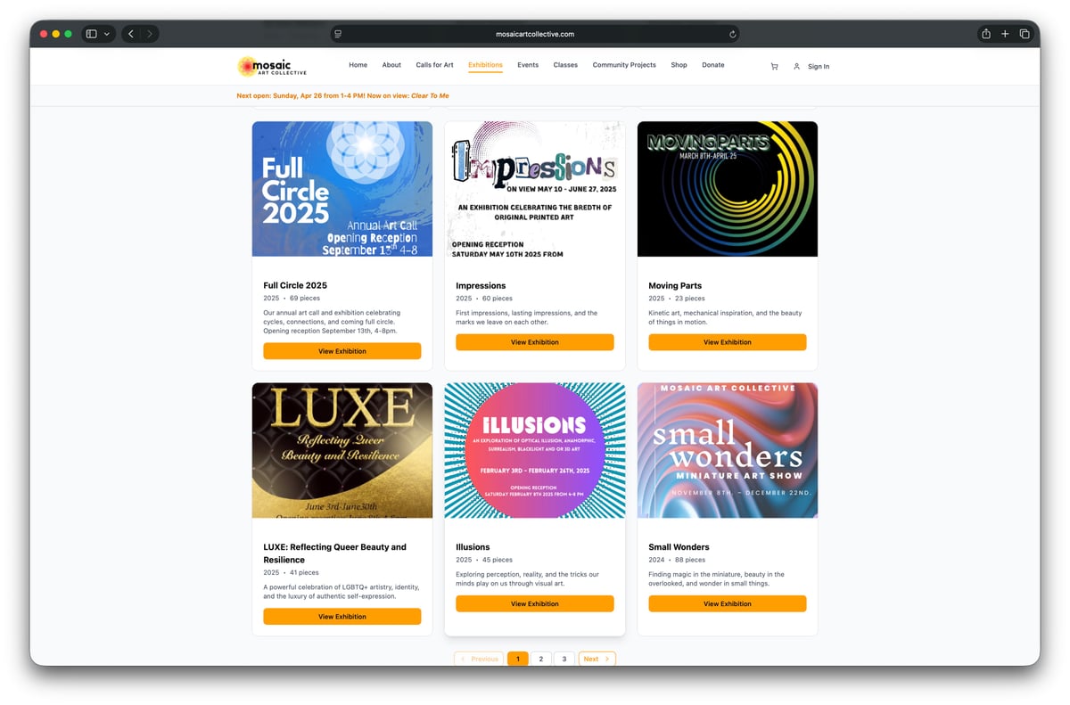 Mosaic Art Collective online shop showing artwork listings with prices and Sold badges