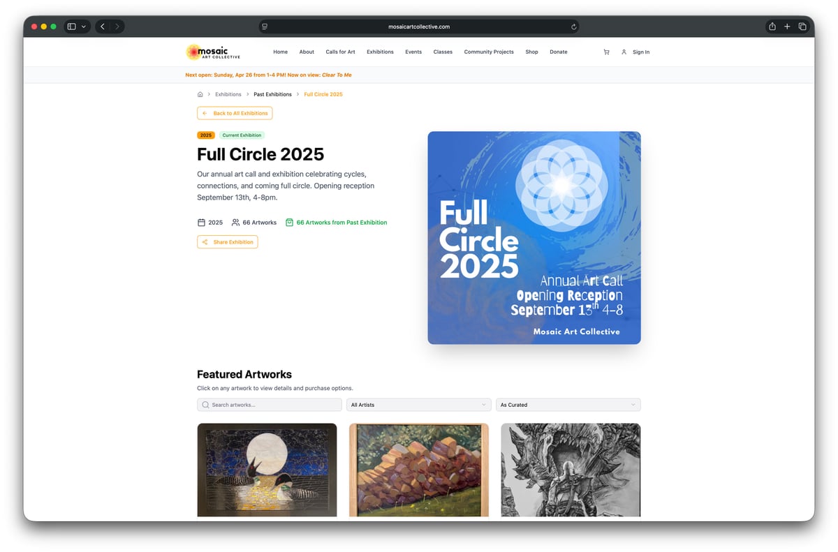 Mosaic Art Collective homepage hero featuring 'Five Sunflowers' by Taisia Richards