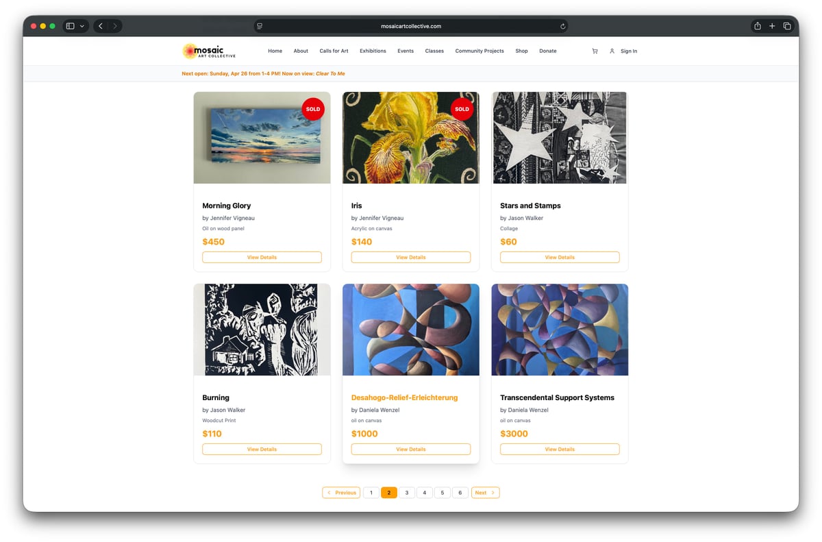 Mosaic Art Collective shop page two showing six artwork listings with prices