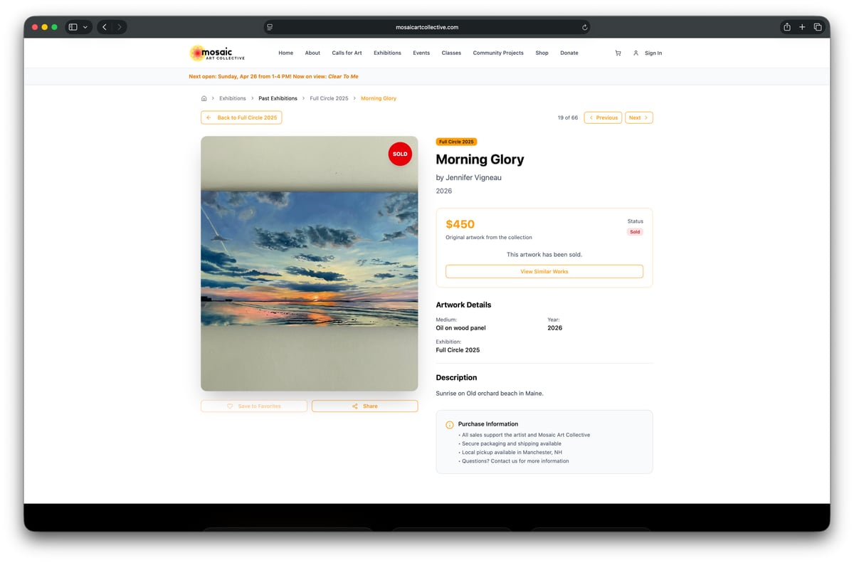 Mosaic Art Collective artwork detail page for 'Morning Glory' by Jennifer Vigneau
