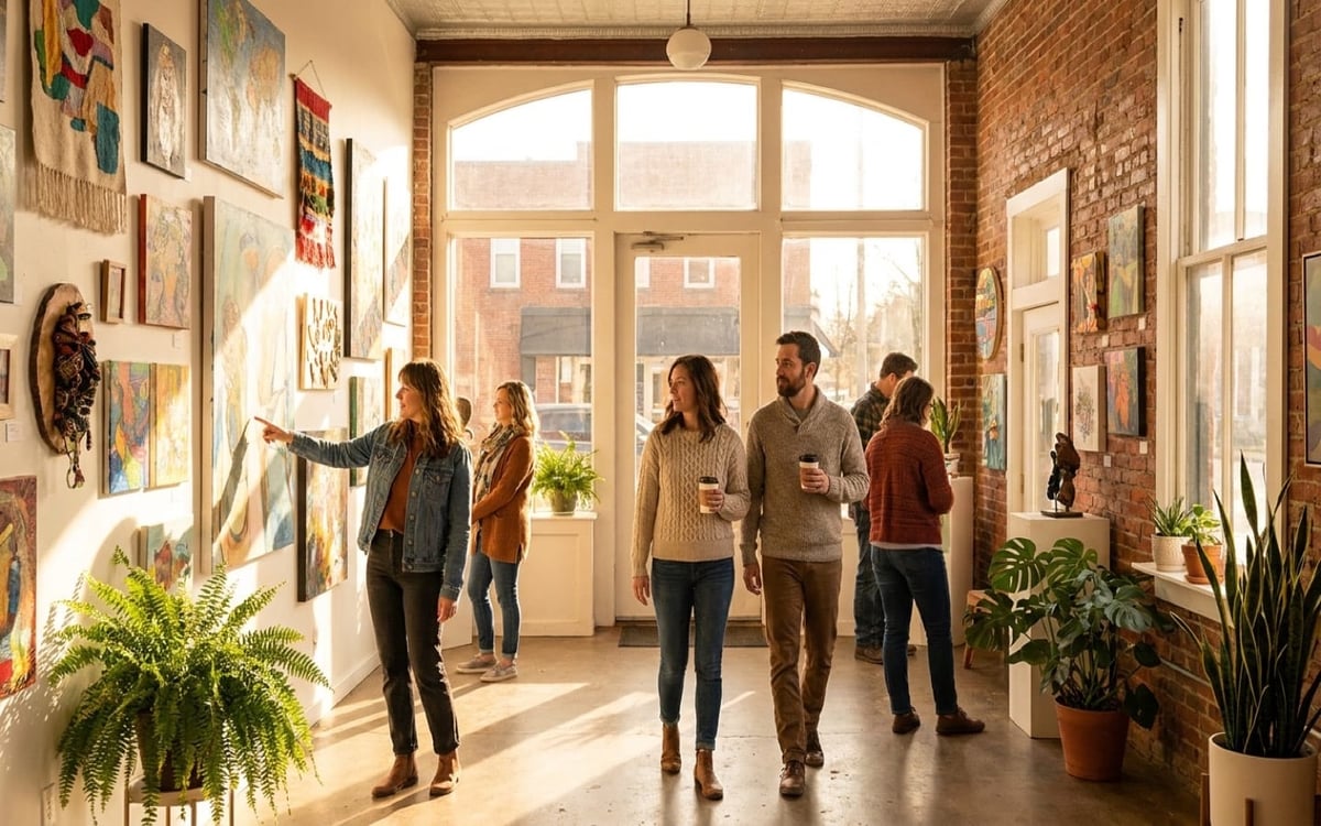 Visitors browsing colorful artworks in a sunlit community gallery