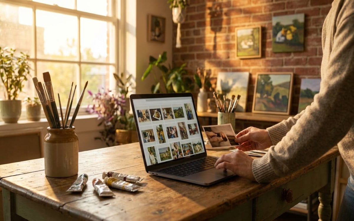 Artist preparing a submission at their studio workspace