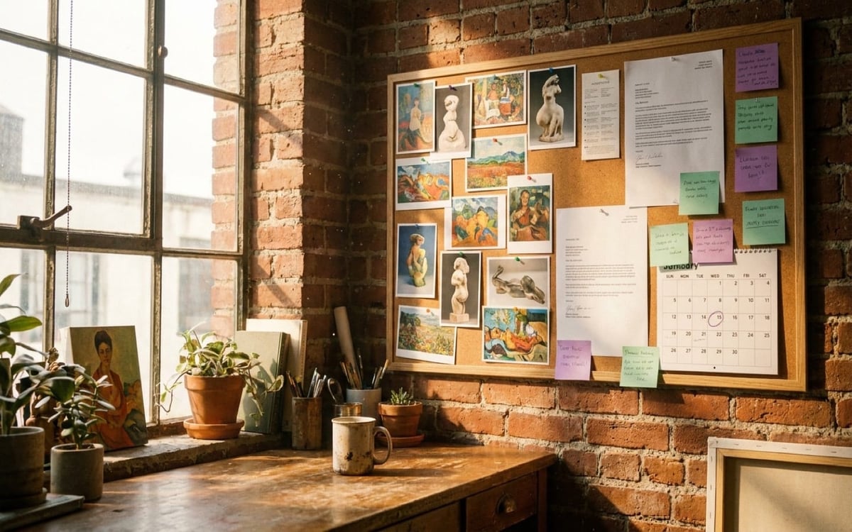Artist's corkboard with submission tracking postcards and acceptance letters