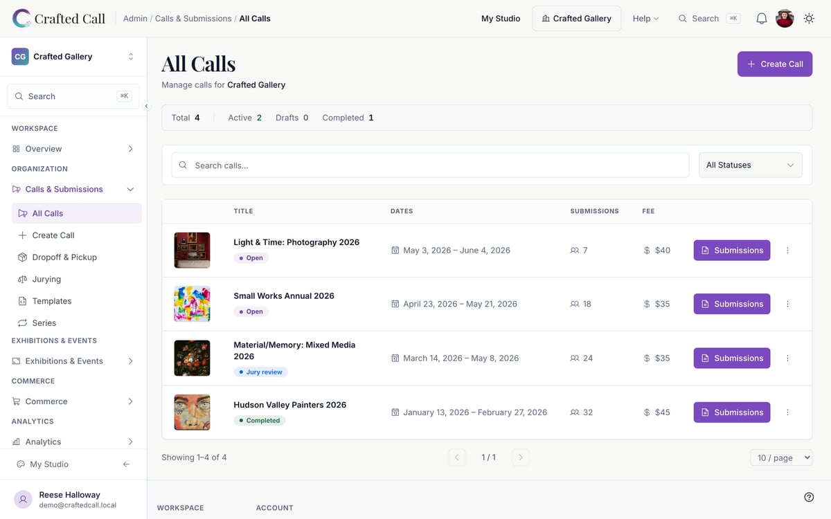 Crafted Call admin showing a calls dashboard — four calls in mixed states with submission counts, fees, and quick actions.