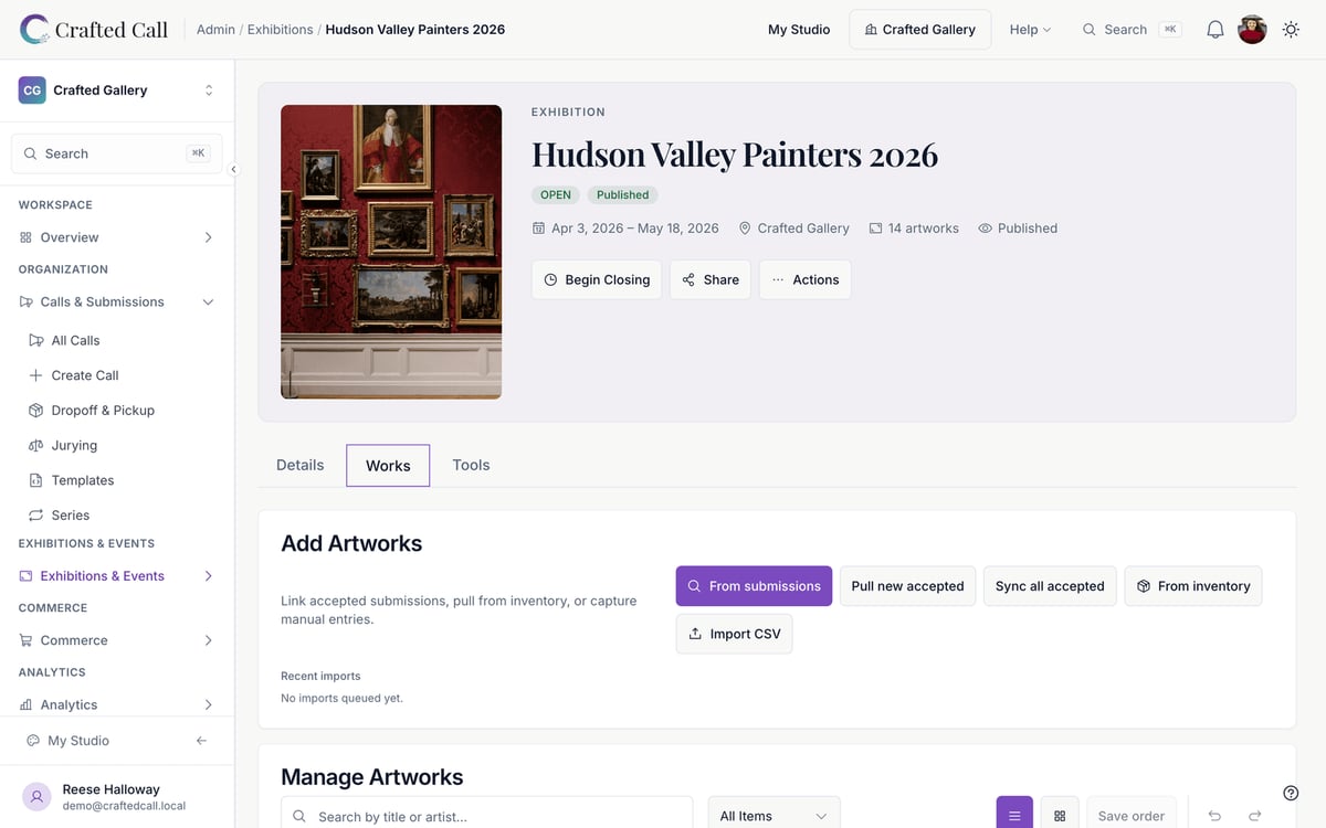 An exhibition page in Crafted Call: accepted artwork laid out with titles, artists, and sale status.