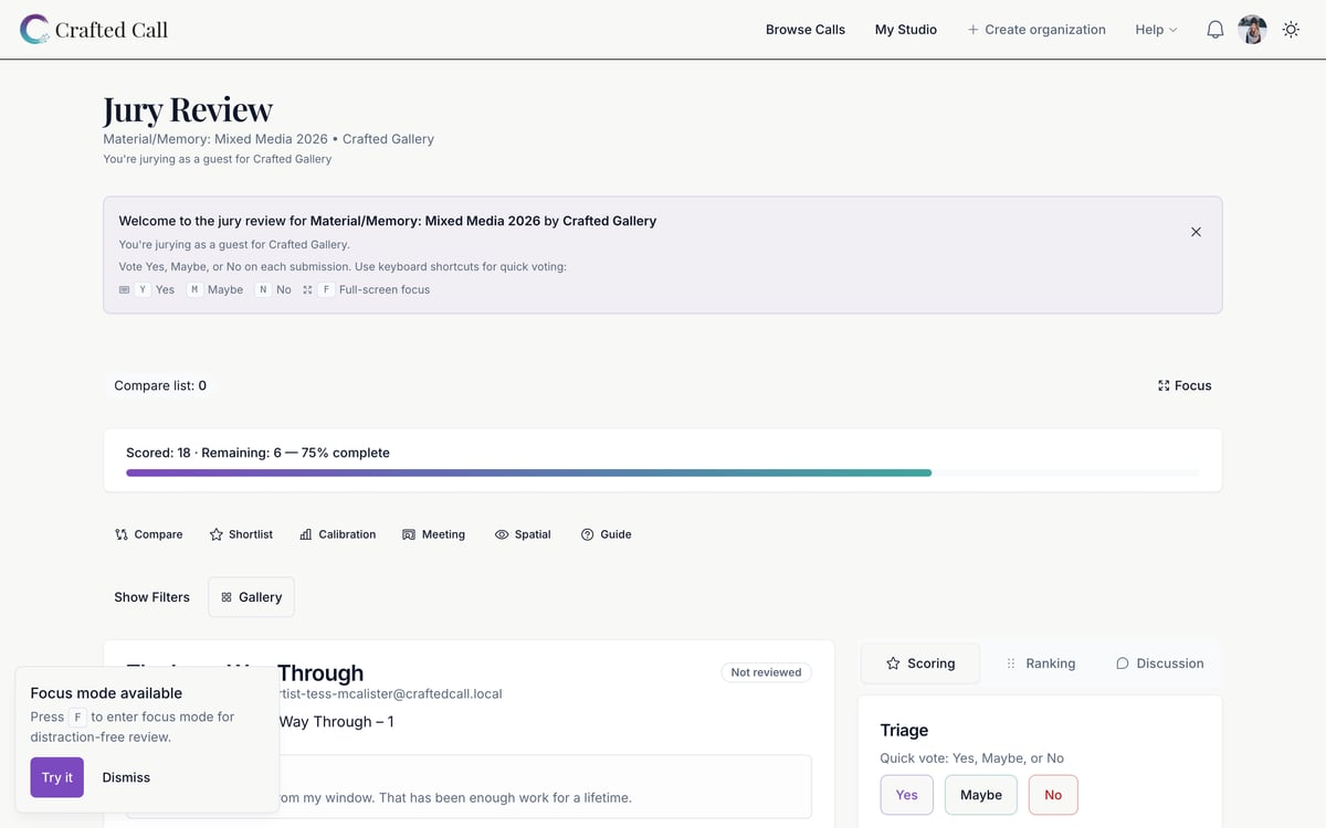 A juror's review screen — current submission with full-bleed artwork, scoring rubric on the right, and round/queue navigation.
