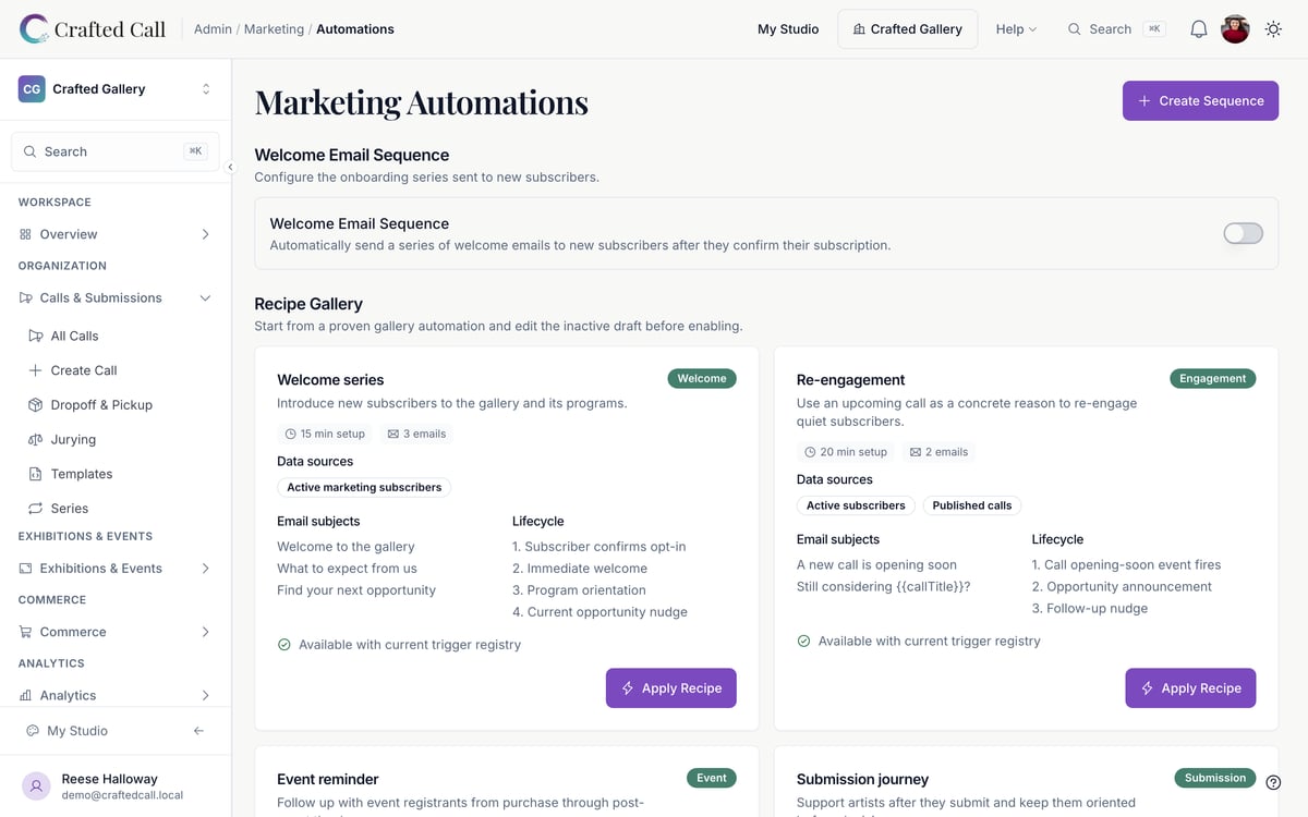 Marketing automation recipe gallery — welcome series, re-engagement, event reminders, and submission journeys ready to apply.