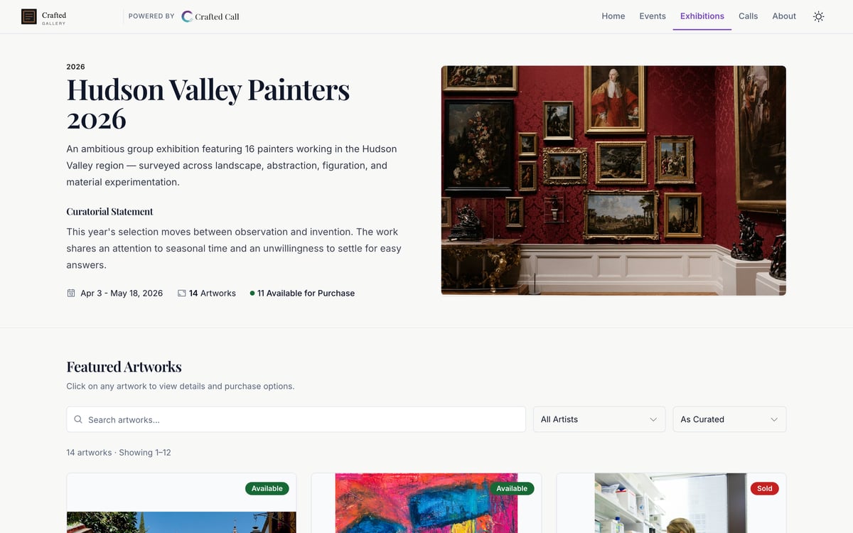 Published exhibition page featuring a curatorial statement, hero image, and an artwork grid.