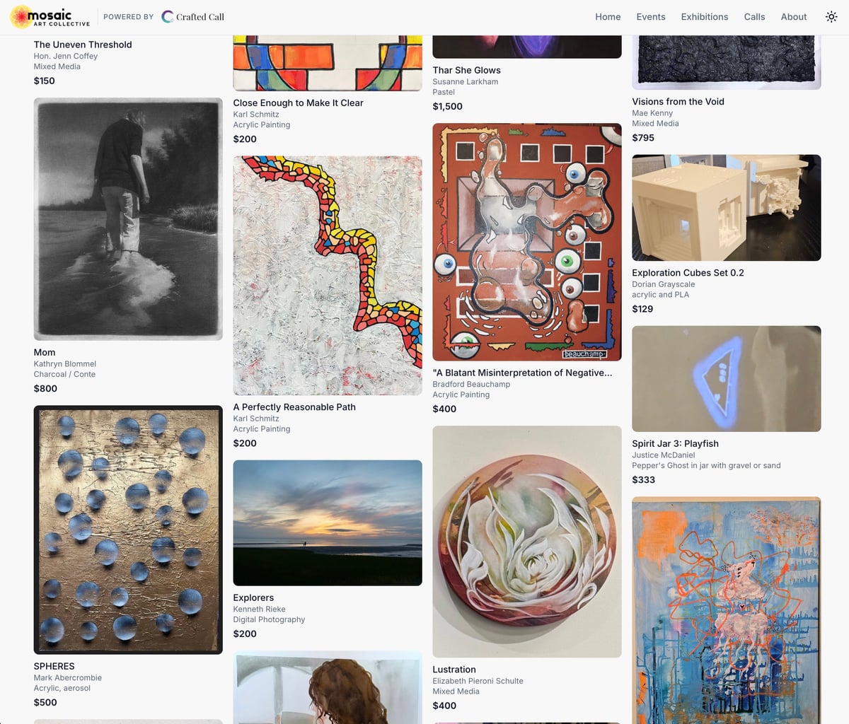 Mosaic Art Collective storefront page with artwork cards, prices, sold status, and artist attribution.