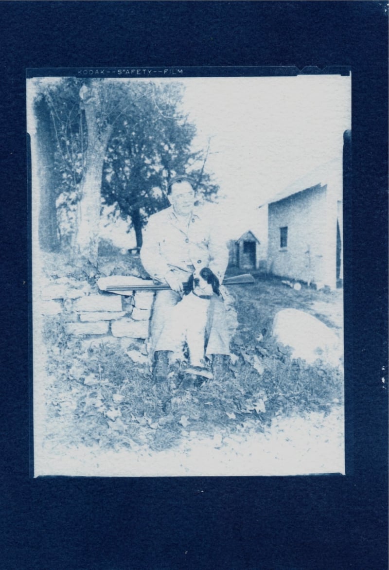 C1950 Hunter posing outdoors W Rifle & Hound Dog